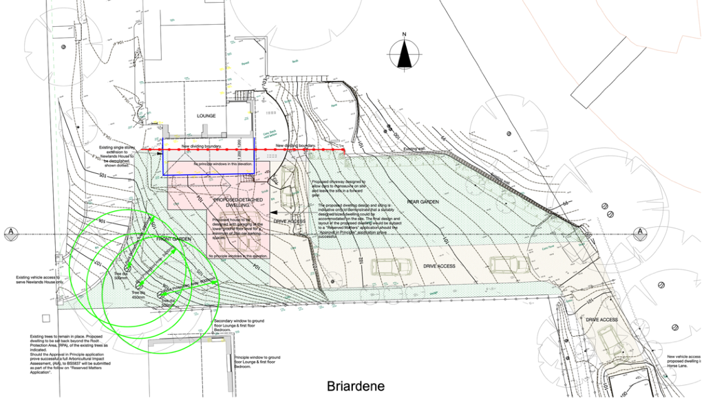 A detailed site plan showing the layout for a proposed detached dwelling, including access, boundaries, and existing trees.