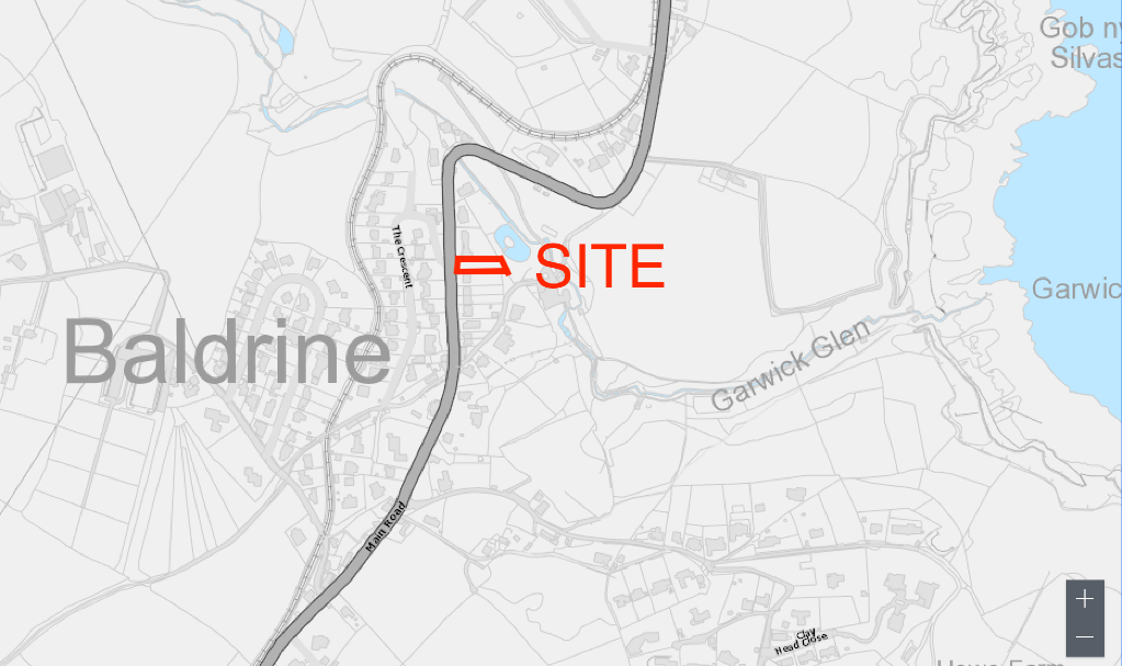 A digital site location map showing the proposed development area marked with a red arrow and the text 'SITE' near Baldrine and Garwick Glen.