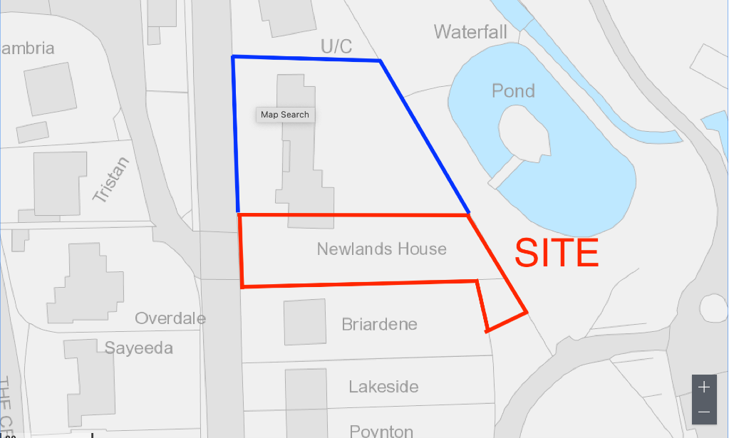 A digital site location map displaying the proposed development area outlined in red labeled 'SITE' and 'Newlands House', adjacent to a pond and surrounding properties.