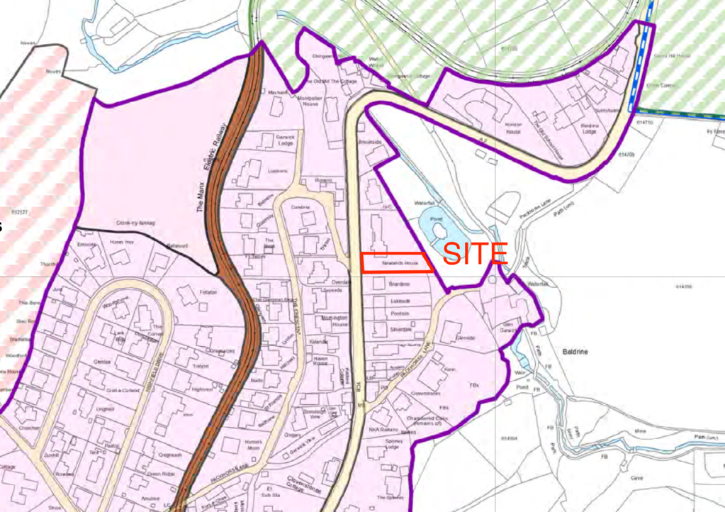 The image displays a site location plan showing a property outlined in purple with a red box labeled 'SITE' indicating the proposed development area. It depicts the location on Packhorse Lane near the Manx Electric Ra...