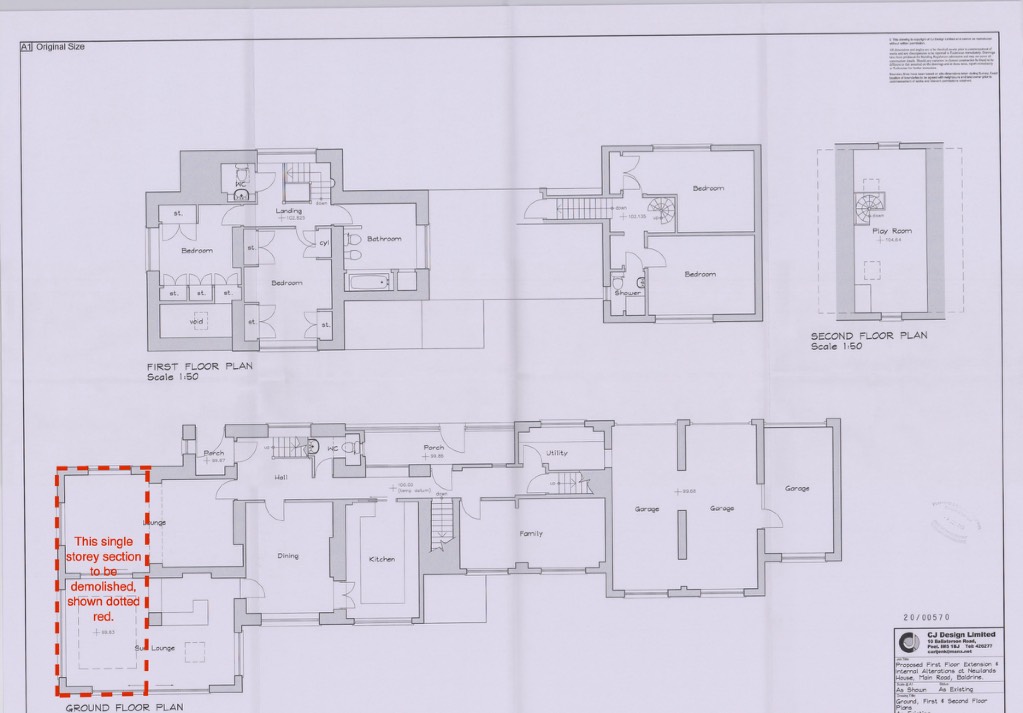 Architectural floor plans showing the ground, first, and second levels of a house, with a specific section on the ground floor marked in red for demolition.