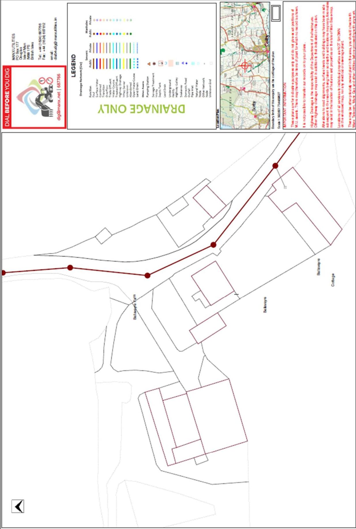 Technical site plan showing drainage infrastructure layout and building outlines for a property conversion.
