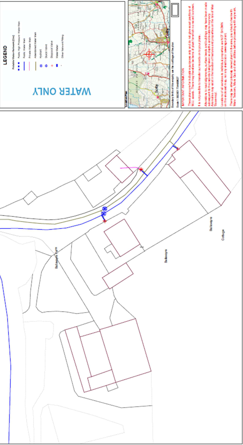 Technical site plan detailing water supply and drainage infrastructure, including a legend and a small location map inset.