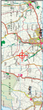 A topographical location map displaying the site marked with a red crosshair, situated near Colby and Sulby with surrounding roads and fields.