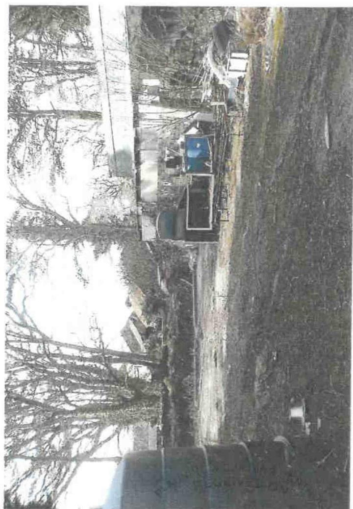 A rotated photograph depicting a rural site with trees, a fence, and a small outbuilding or storage area containing containers.
