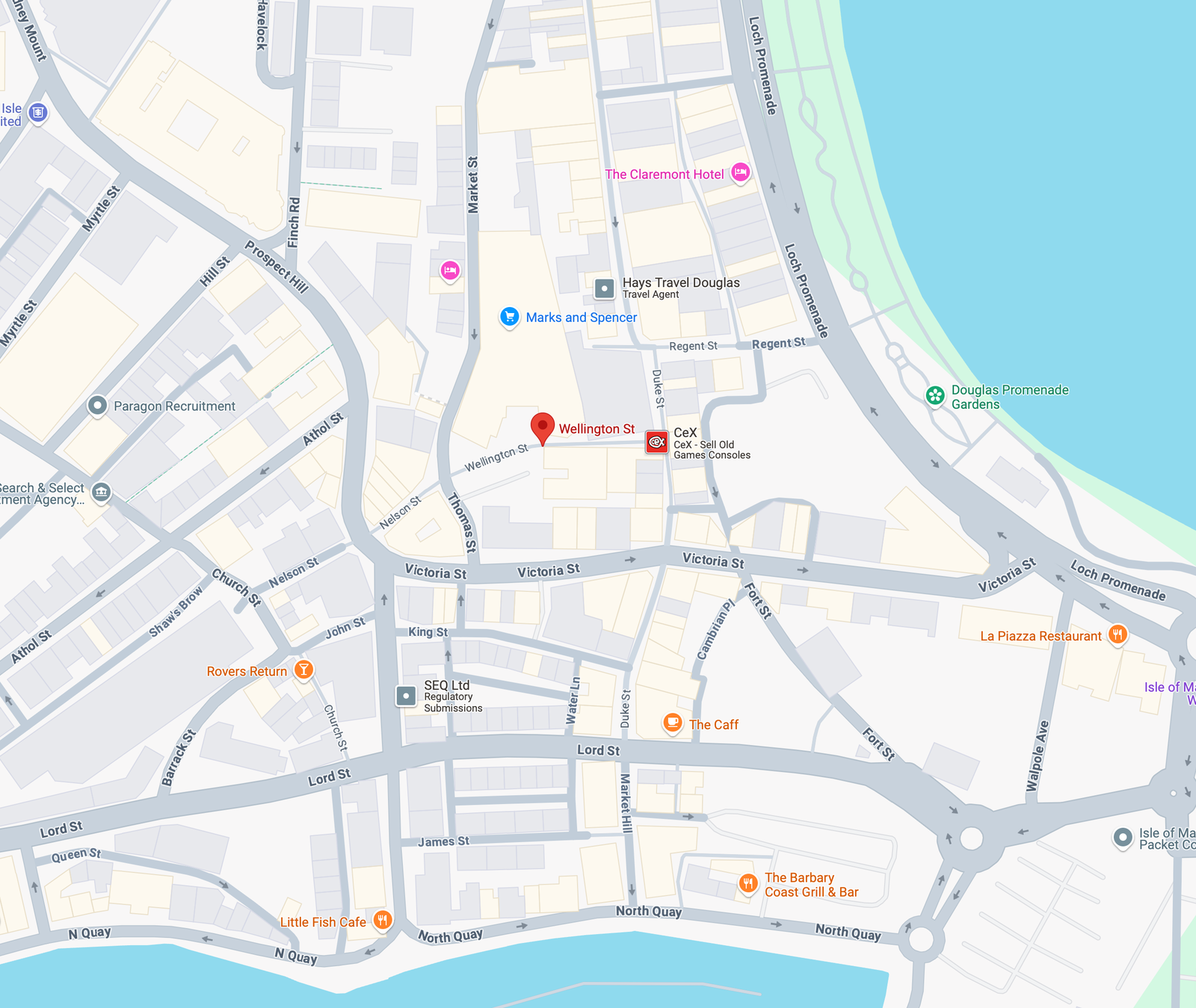 A digital location map showing the site at Wellington Street in Douglas, marked with a red pin, surrounded by nearby streets and landmarks like the promenade.