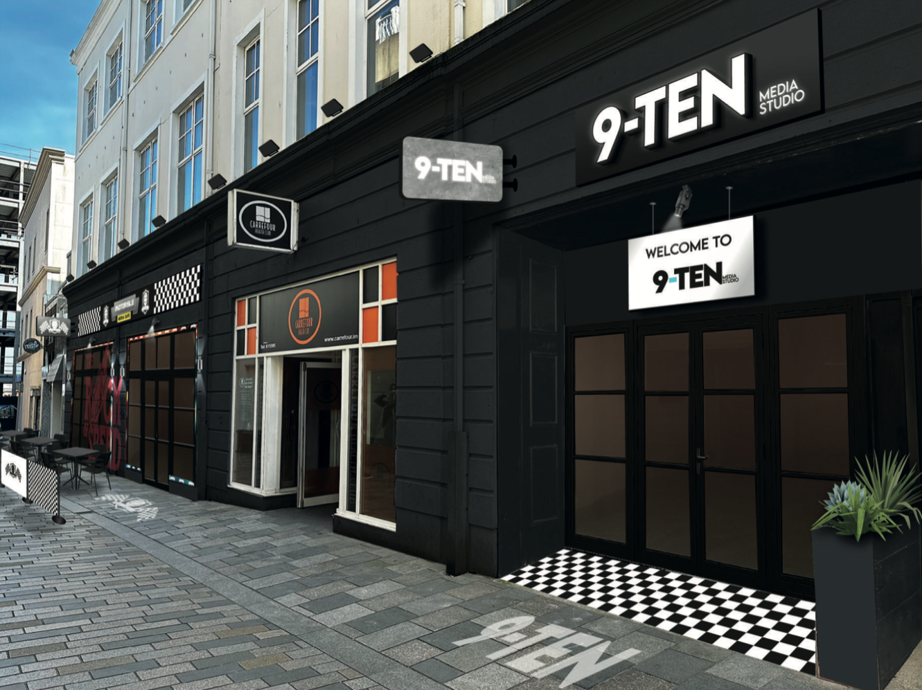 A photorealistic rendering of a proposed commercial shop front elevation featuring a black facade, new signage, and updated paving. The image visualizes the installation of floodlighting and painting works described i...