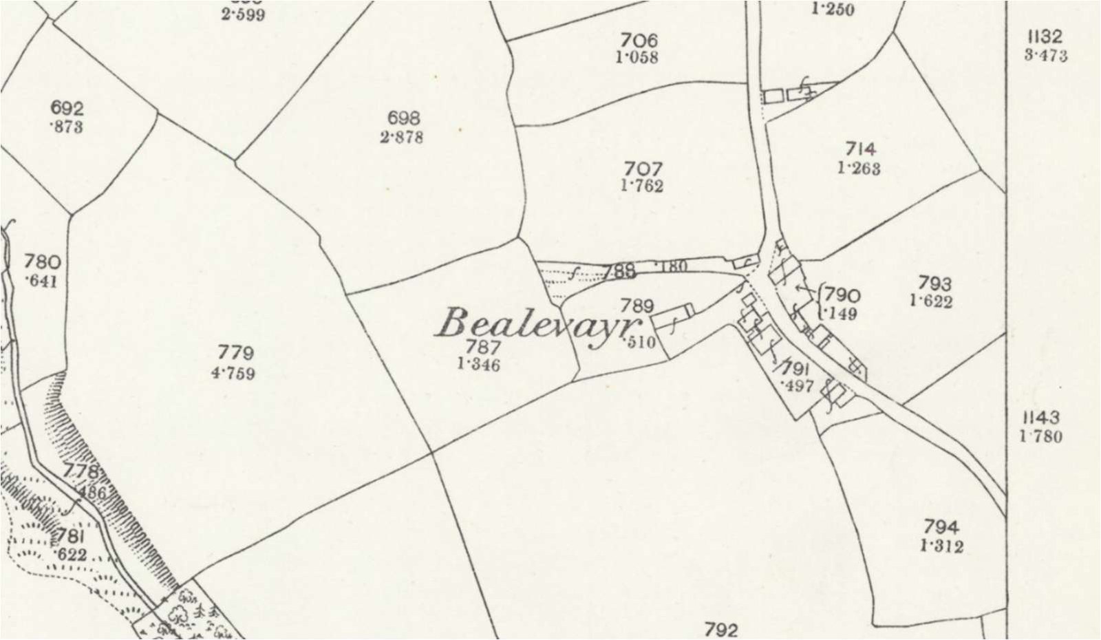 A black and white historical map showing field boundaries, plot numbers, and building footprints in the Bealevayr area.