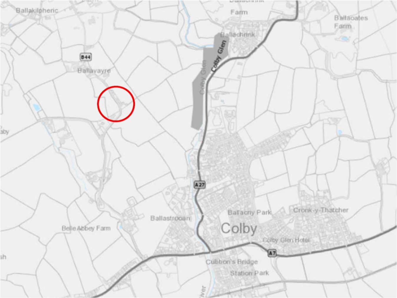 A site location map showing field boundaries and roads near Colby, with the specific plot circled in red.