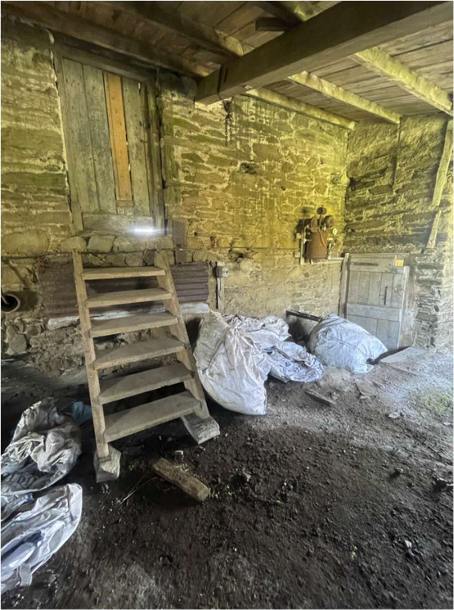 Interior photograph of a rustic stone barn featuring wooden beams, a dirt floor, and a wooden ladder leaning against the wall.