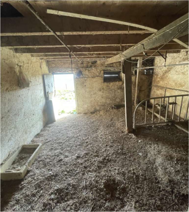 Interior photograph of an agricultural barn showing wooden ceiling beams, stone walls, and a straw-covered floor with livestock fencing.