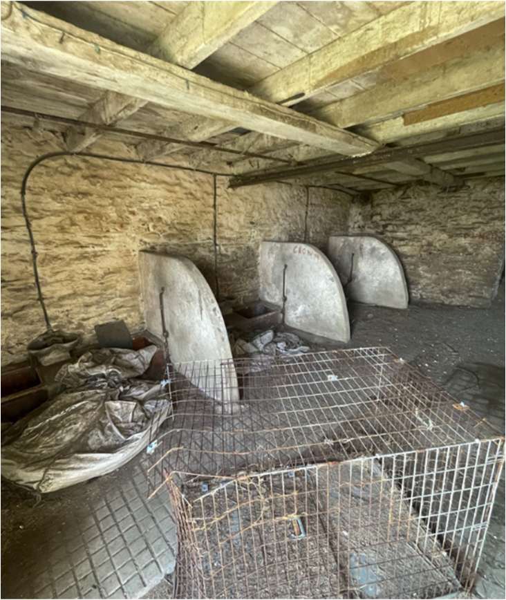 Interior photograph of an existing agricultural barn featuring rough stone walls, wooden ceiling beams, and old concrete troughs.