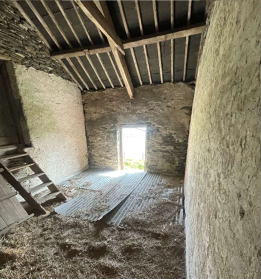 Interior photograph of an old stone barn showing exposed wooden roof timbers, roughcast walls, and a floor covered in straw and corrugated sheeting.