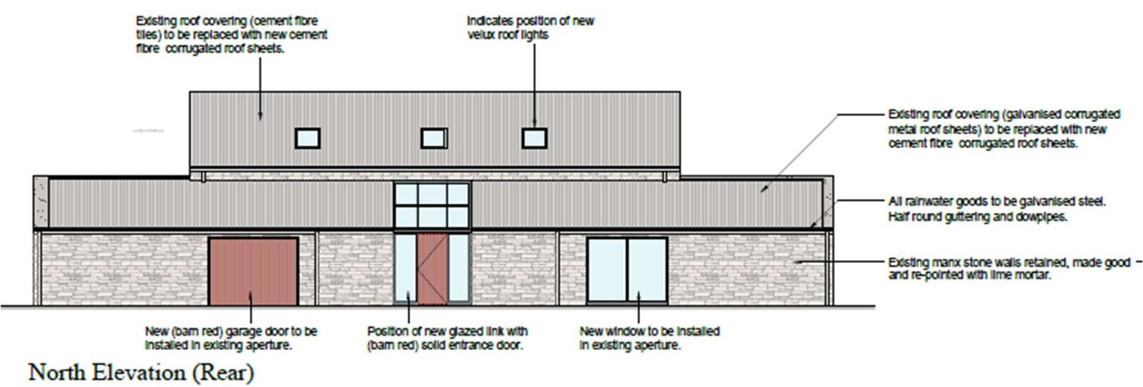 Architectural elevation drawing showing the rear (North) view of a proposed two-storey barn conversion with detailed annotations on materials and openings.