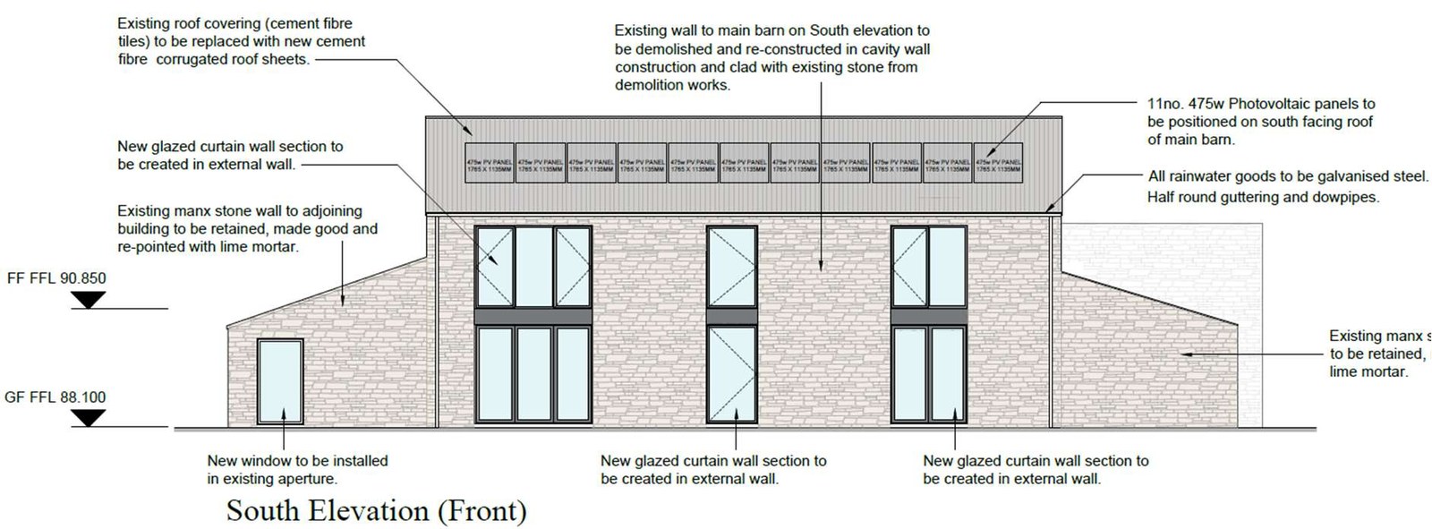 An architectural elevation drawing showing the south facade of a proposed barn conversion, detailing new windows, stone cladding, and photovoltaic panels.