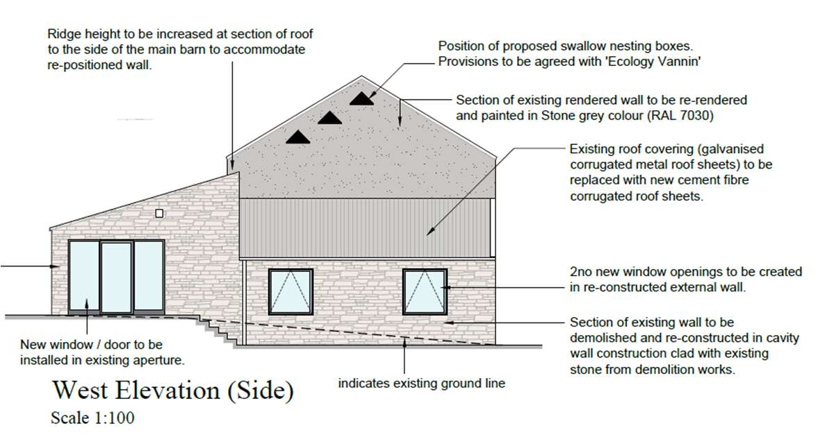 Architectural West Elevation drawing detailing the proposed conversion of an agricultural barn into a two-storey dwelling, including roof and wall modifications.