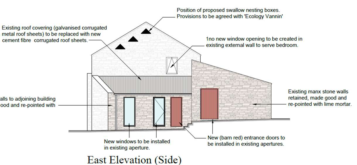 Architectural elevation drawing showing the side view of a proposed two-storey barn conversion with annotations detailing roof, window, and door changes.