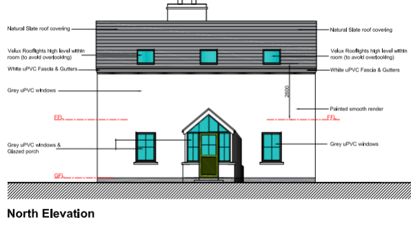 An architectural elevation drawing labeled 'North Elevation' detailing the proposed design of a house with material annotations for roofing, windows, and render.