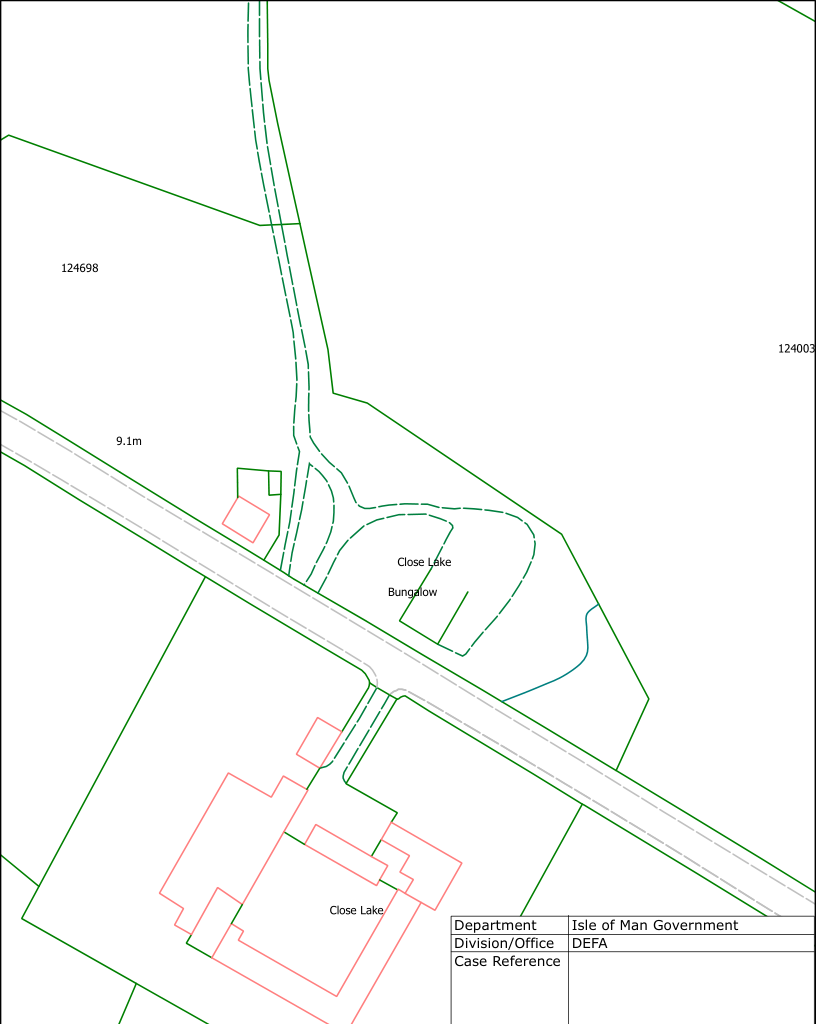 A site plan showing property boundaries, a road, and building outlines labeled 'Close Lake' and 'Bungalow'.