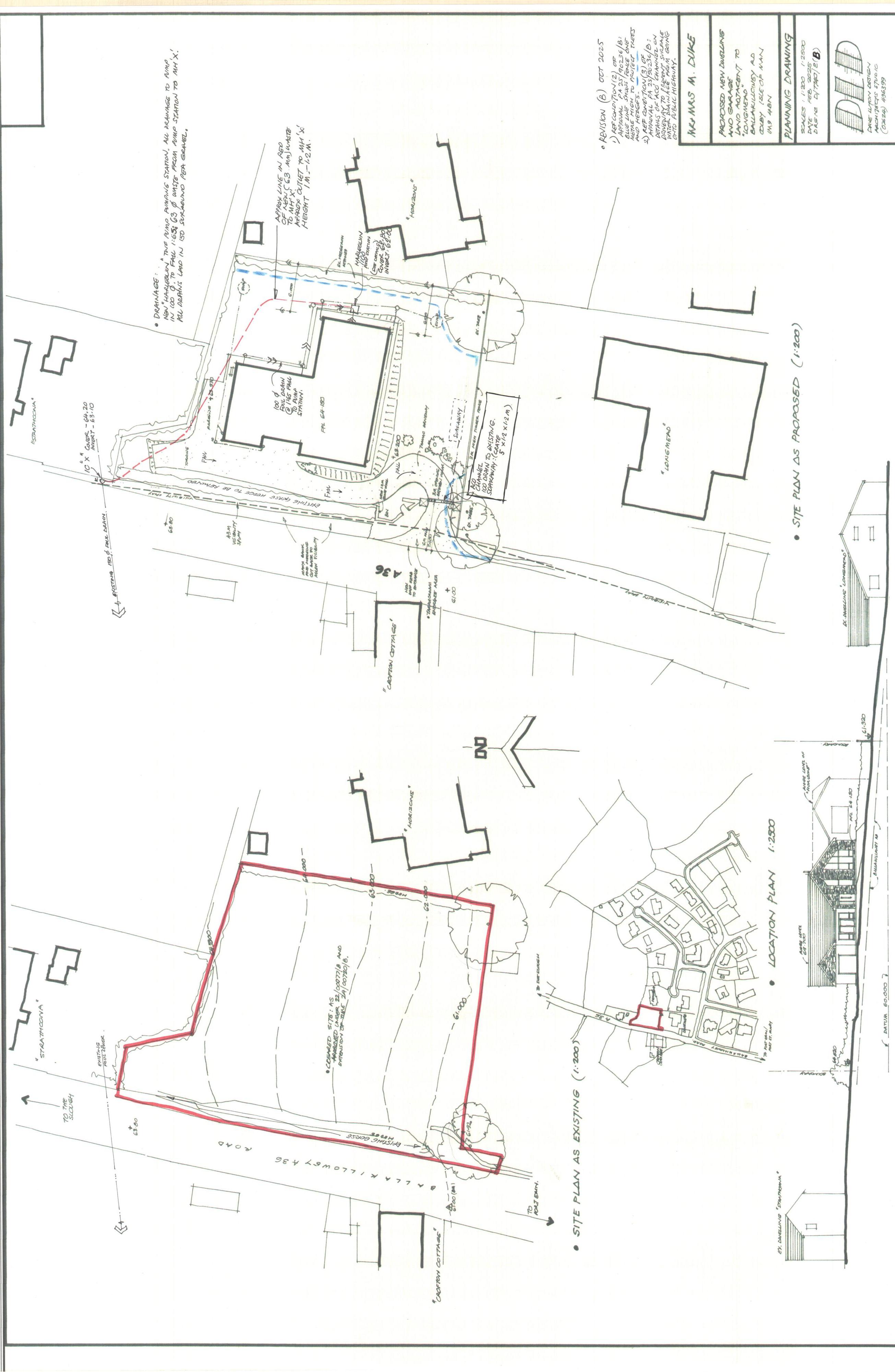 A technical site plan displaying existing and proposed layouts with a location map, showing building footprints, road access, and landscaping features.