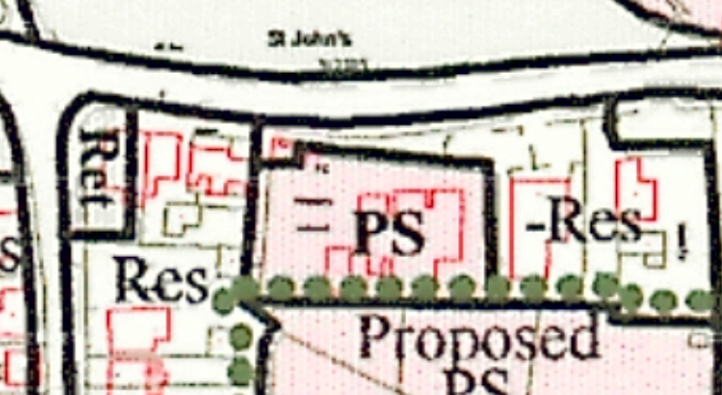 A cropped section of a site plan showing proposed development boundaries and landscaping details overlaid on an existing map.