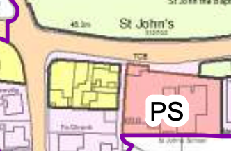 A site location map showing property boundaries and street names like St John's, with specific plots highlighted in yellow and pink.