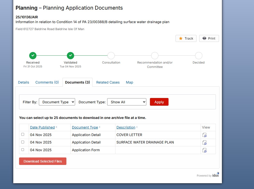 A screenshot of a planning application portal displaying a document list for a surface water drainage plan submission.