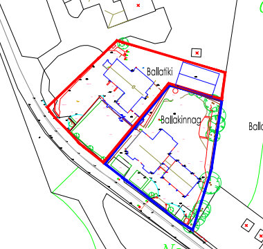 A site plan showing building footprints for 'Ballatiki' and 'Ballakinnag' with red and blue boundary lines indicating specific areas.