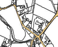 A black and white map extract showing roads, building footprints, and field boundaries in a rural setting.