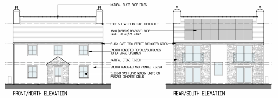 Architectural elevations showing the front and rear of a proposed two-story house with detailed material annotations.