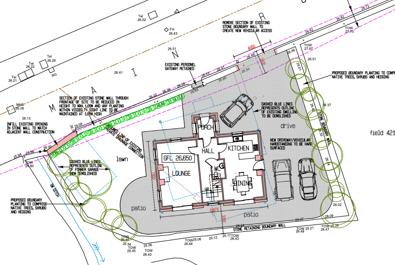 A site plan showing the layout of a proposed replacement dwelling, including room footprint, driveway, parking spaces, and boundary landscaping.