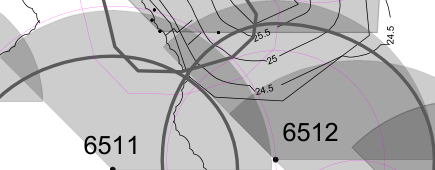 A zoomed-in section of a technical site plan or map showing curved contour-like lines, numerical labels such as 24.5 and 25.5, and grid references 6511 and 6512.