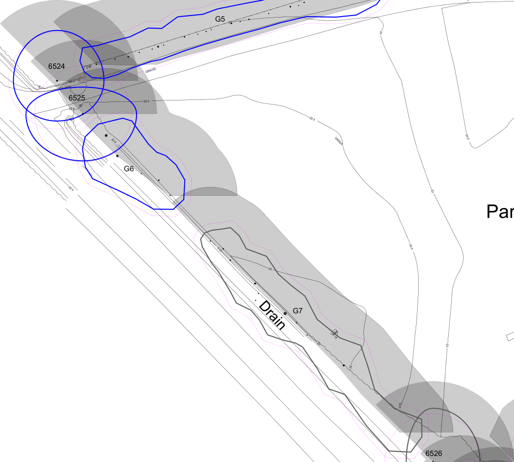 This image displays a technical site plan illustrating tree protection zones marked with blue outlines and numbers, alongside a labeled drainage feature and boundary lines.