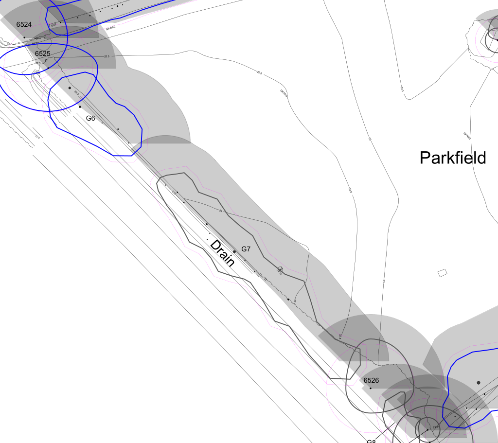 A technical site plan illustrating tree protection zones outlined in blue, contour lines, and a drainage feature labeled 'Drain' adjacent to a property named Parkfield.