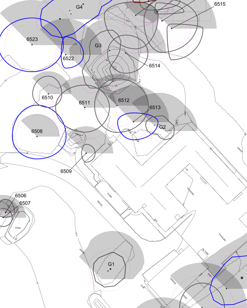 This image displays a technical site plan detailing tree locations and root protection areas, overlaid with contour lines and existing site features.