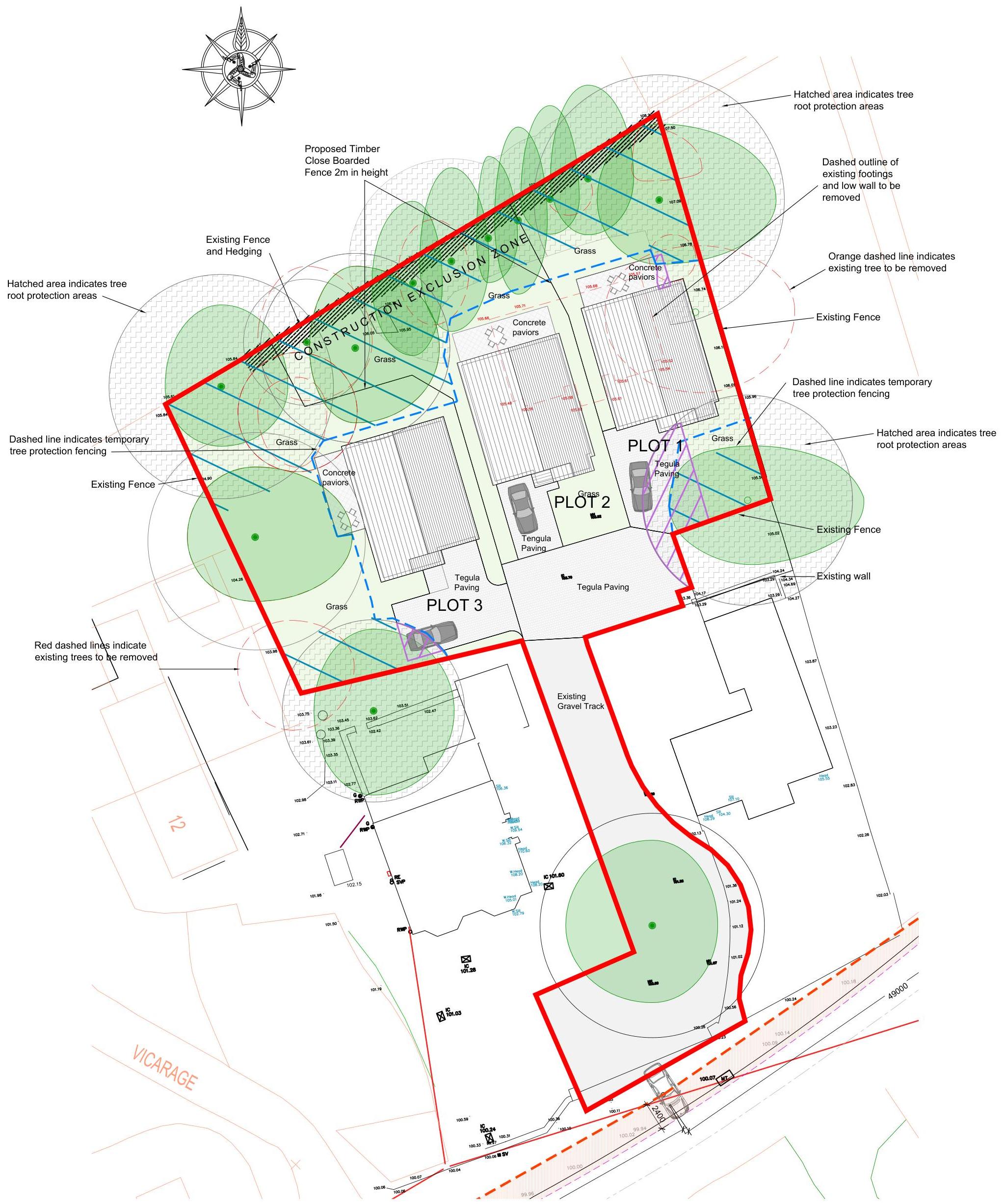 This image displays a detailed site plan for three plots, highlighting tree root protection areas in green and construction exclusion zones marked by red lines. It includes annotations for proposed fencing, paving, an...