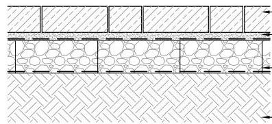 A technical cross-section drawing illustrating construction layers including herringbone paving, stone fill, and blockwork.