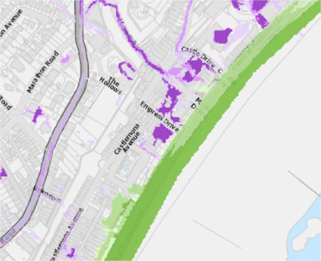 A location map showing the site context with surrounding roads like Marathon Road and Empress Drive, featuring purple highlighted zones and a green boundary area near the coast.