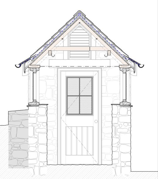 Architectural elevation drawing of a small stone outbuilding featuring a central door, window, and pitched roof with a vent.