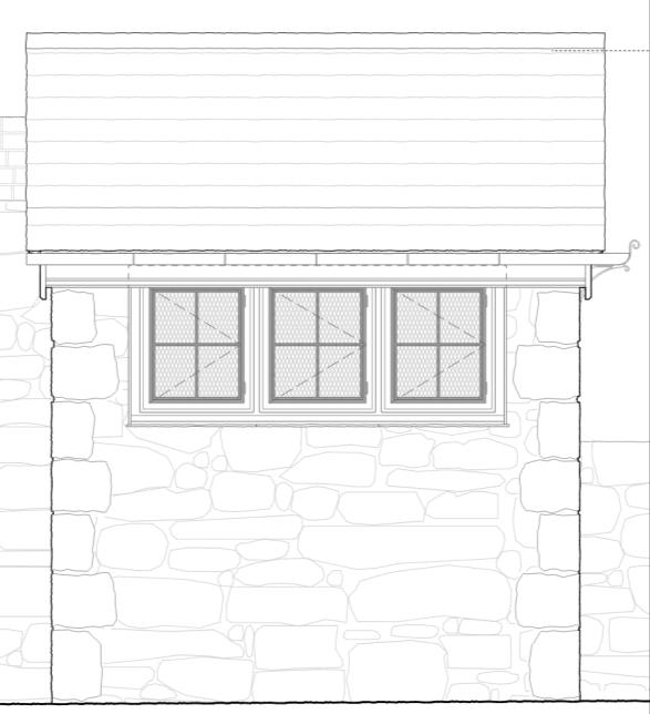 This is an architectural elevation drawing showing a stone wall with three windows and a roof overhang.
