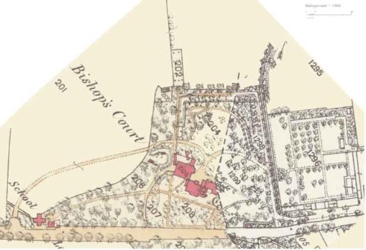 This image displays a historical site plan or location map showing a property labeled 'Bishop's Court' with surrounding trees, roads, and neighboring buildings. A specific area is highlighted in red, likely indicating...
