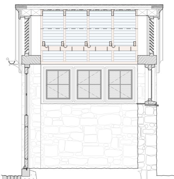 Architectural section drawing detailing a stone wall, window openings, and timber roof structure.