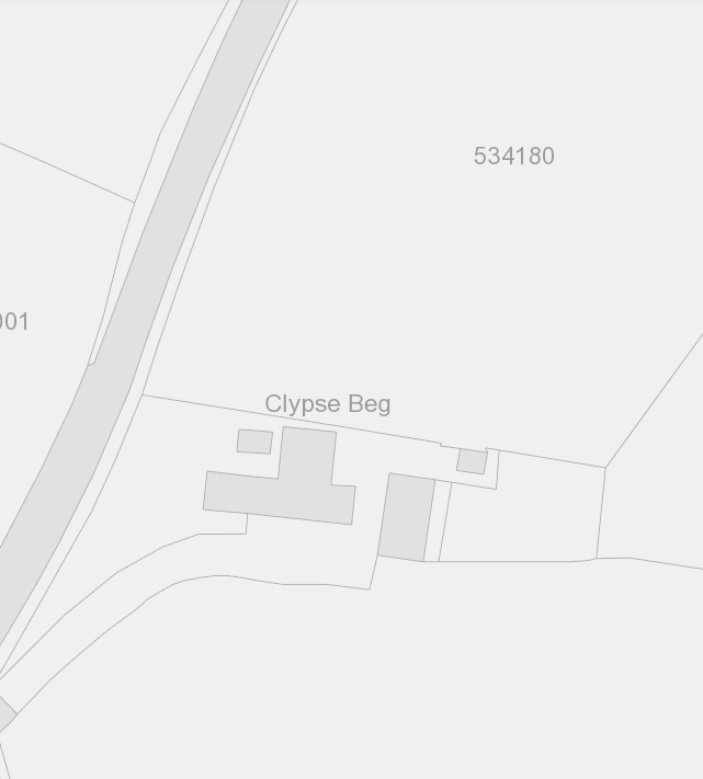 A schematic site plan showing the footprint of a property labeled Clypse Beg with boundary lines and a nearby road.