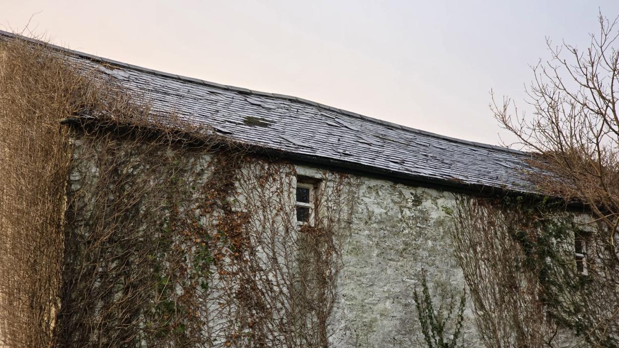 A photograph showing the upper section of an old stone building with a slate roof, partially covered in ivy.