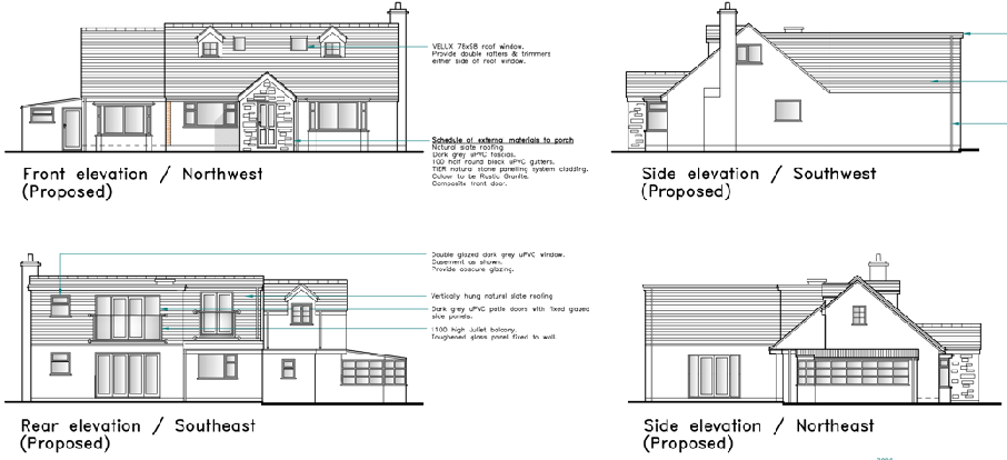 The image presents four proposed architectural elevations of a house, showing the front, rear, and side views with material notes.