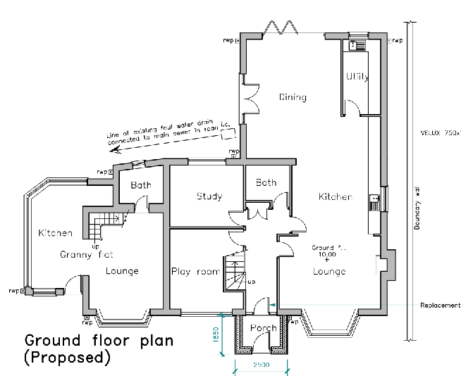 Architectural drawing showing the proposed ground floor plan layout with room labels and dimensions.