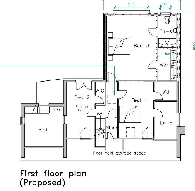 This image displays a proposed first-floor architectural plan showing the layout of three bedrooms, bathrooms, and storage areas with dimensions.