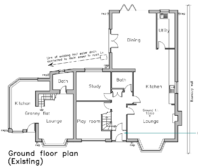 This is a black and white architectural floor plan labeled 'Ground floor plan (Existing)', showing the layout of a house including a granny flat, study, and utility areas. It includes annotations regarding existing fo...