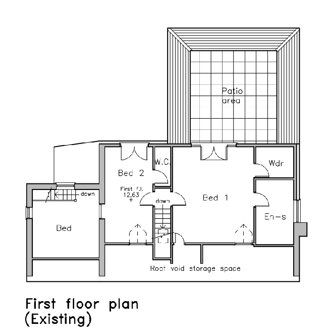 This image shows an existing first-floor architectural plan detailing bedroom layouts, a patio area, and stair access.
