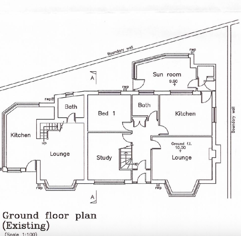 Architectural drawing showing the existing ground floor layout of a house, including room labels and boundary walls.